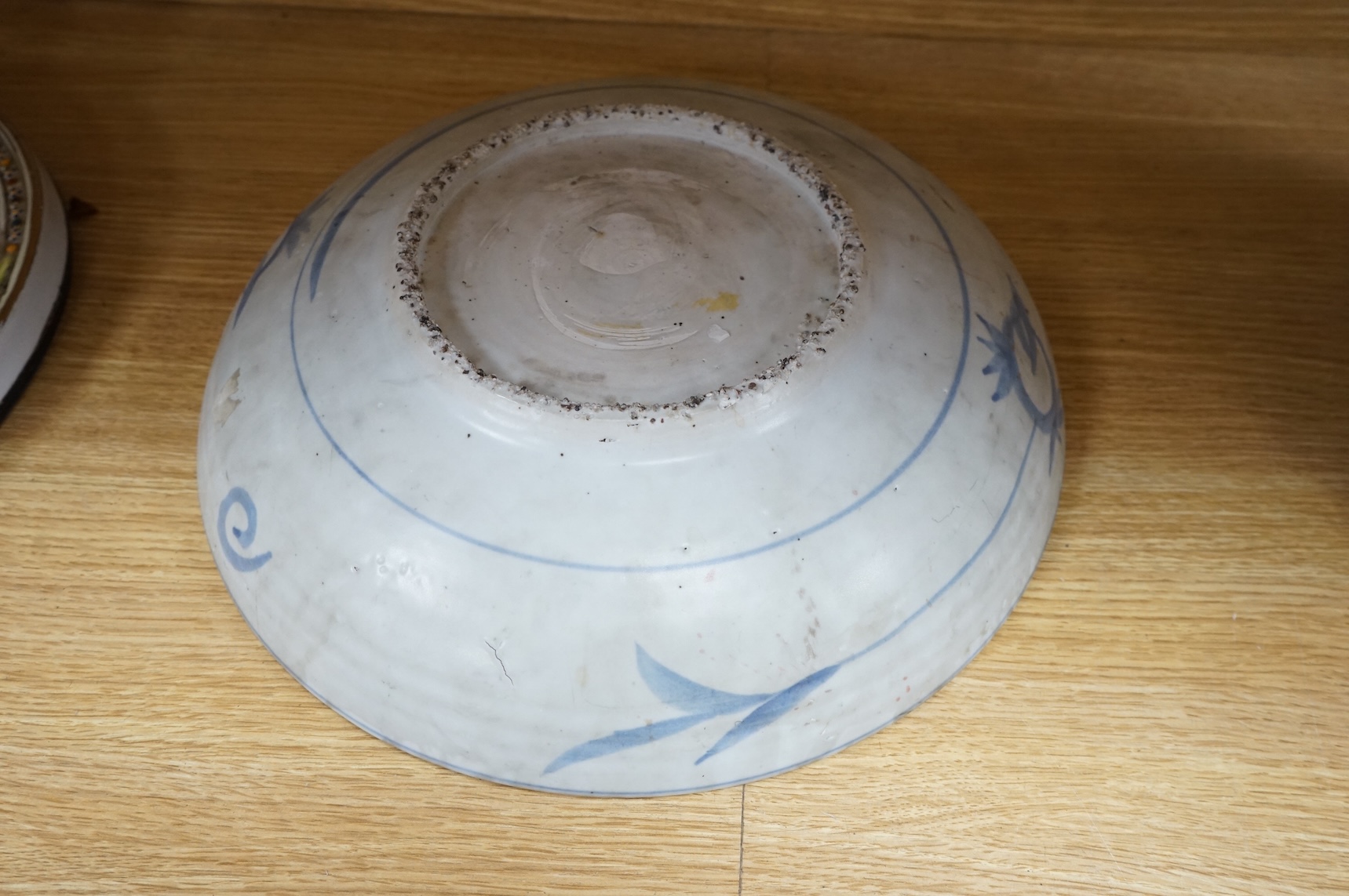 A Chinese Ming Swatow ware blue and white dish, Zhangzhou, early 17th century, 36cm diameter